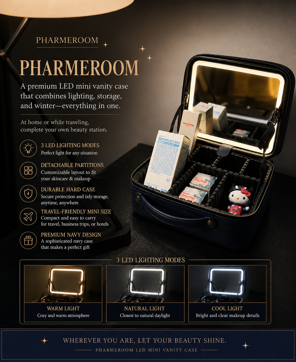Pharmesthetic PHARMEROOM LED Mini Vanity Case Makeup Train Case Cosmetic Storage