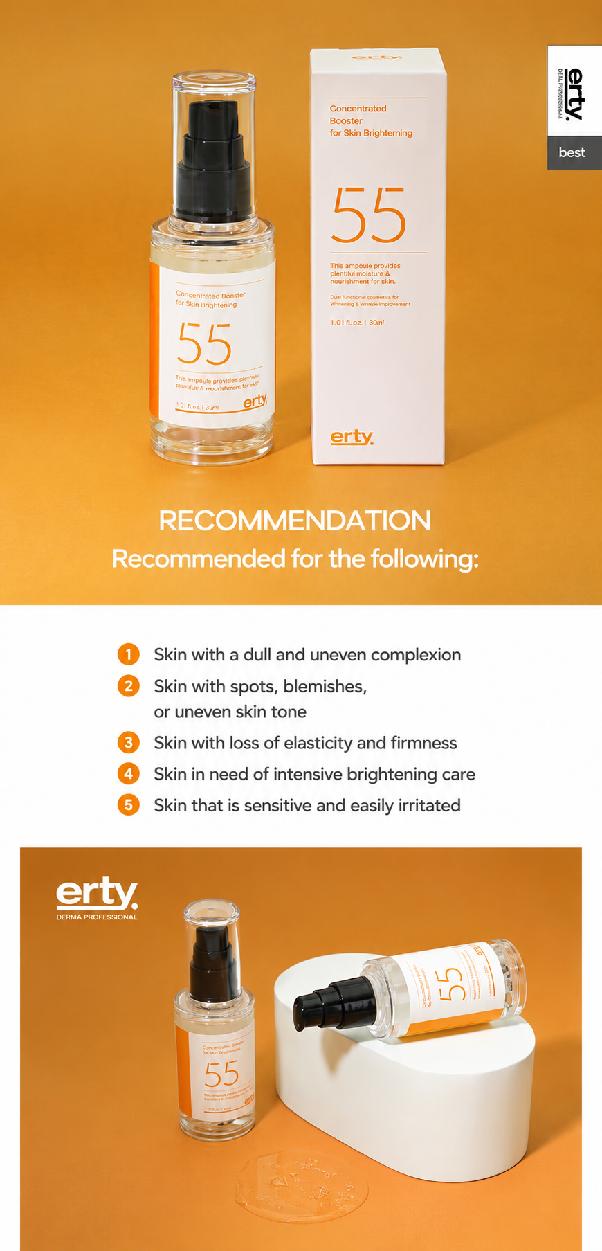ERTY Booster 55 Brightening Ampoule 30ml | Niacinamide & Alpha-Arbutin | Radiant Skin Care