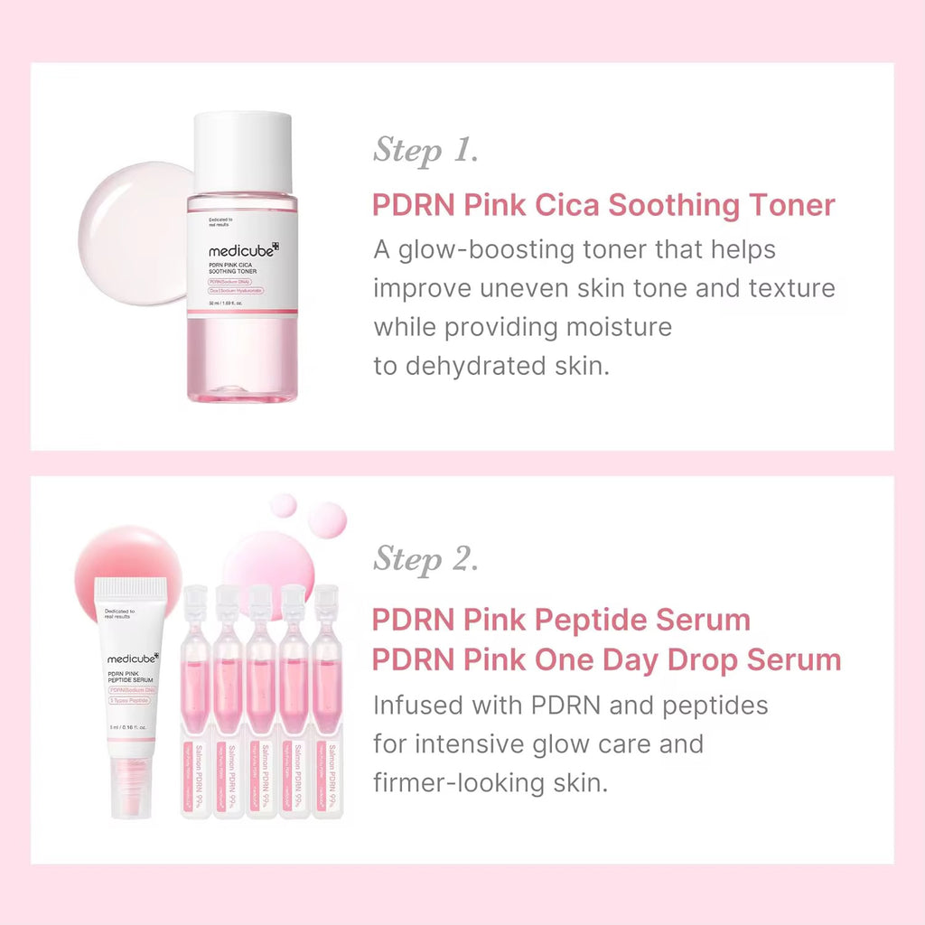 Medicube PDRN Pink Glow Kit 5pc Set | Collagen Skincare Set | Toner Serum Cream Mask | K-Beauty Glass Skin