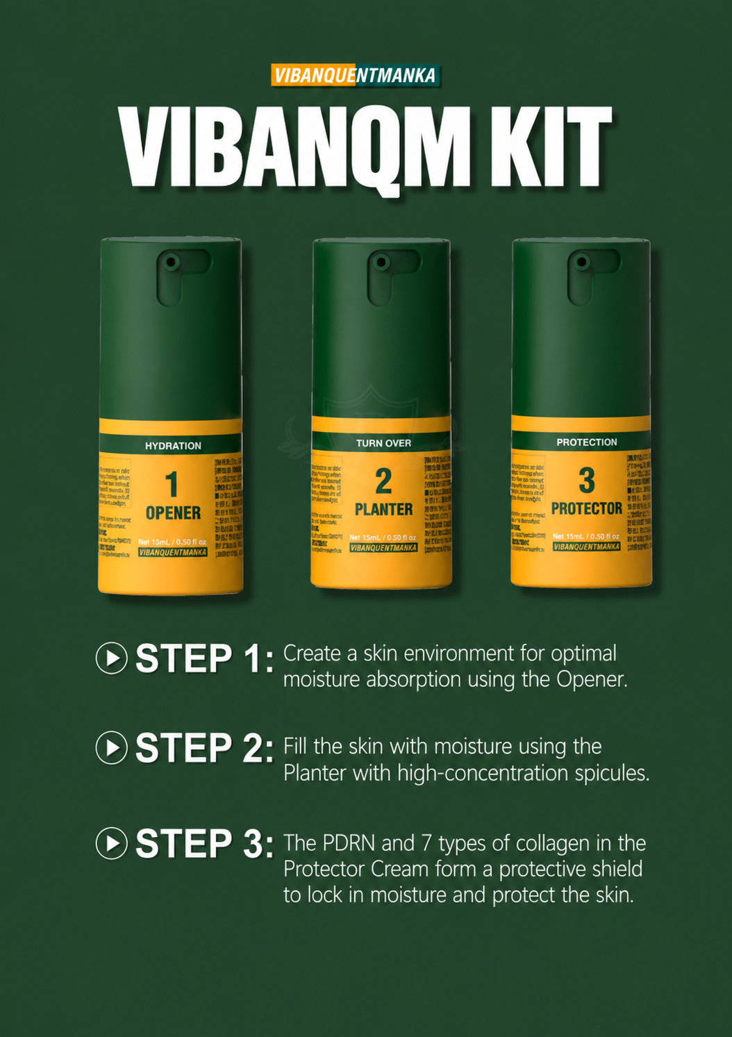 VIBANQM 3-Step Spicule Skincare Kit Opener Planter Protector Hydration Set