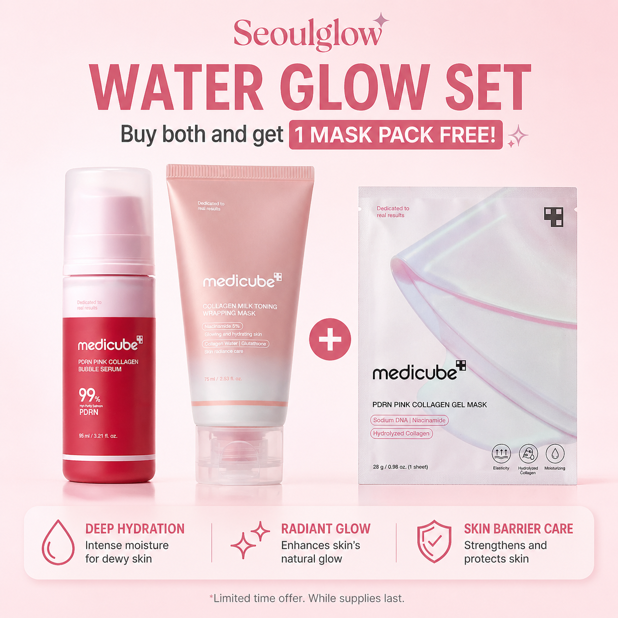 Medicube Water Glow Set (PDRN Serum + Wrapping Mask) + Free Mask | Hydration & Glass Skin