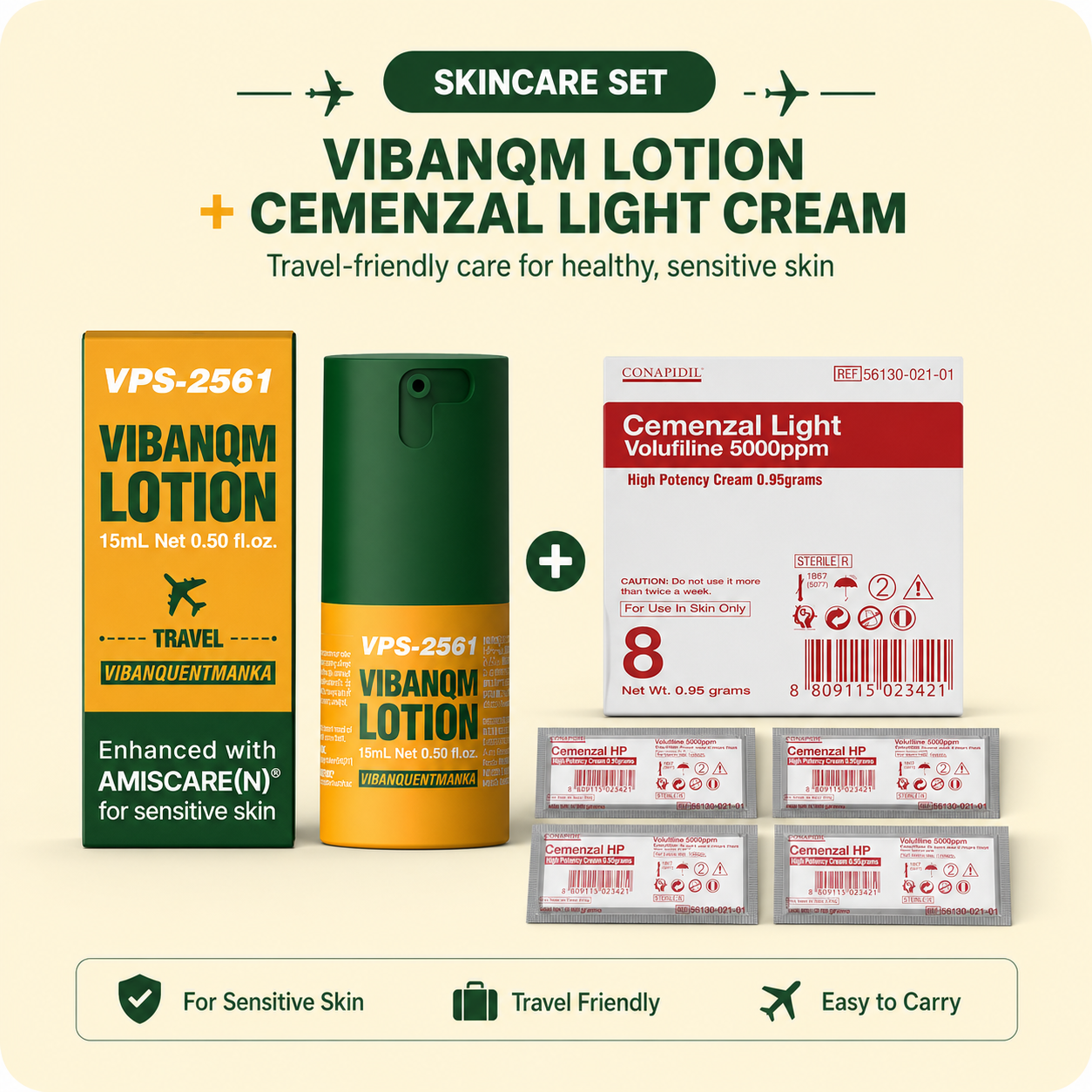 VIBANQM Lotion 15ml + Cemenzal Light Cream Volufiline 5000ppm 8 Pack Set
