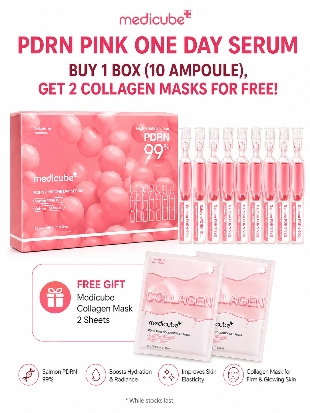 Medicube PDRN Pink One Day Serum 10 Ampoules + FREE Collagen Mask x2 Set