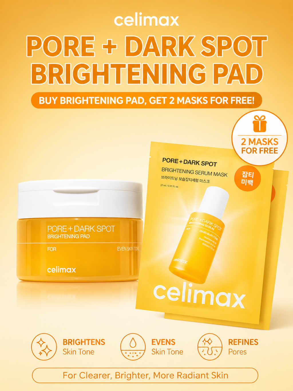 Celimax Brightening Toner Pads (Pore + Dark Spot Care) + 2 Free Masks | Glow Skin K-Beauty