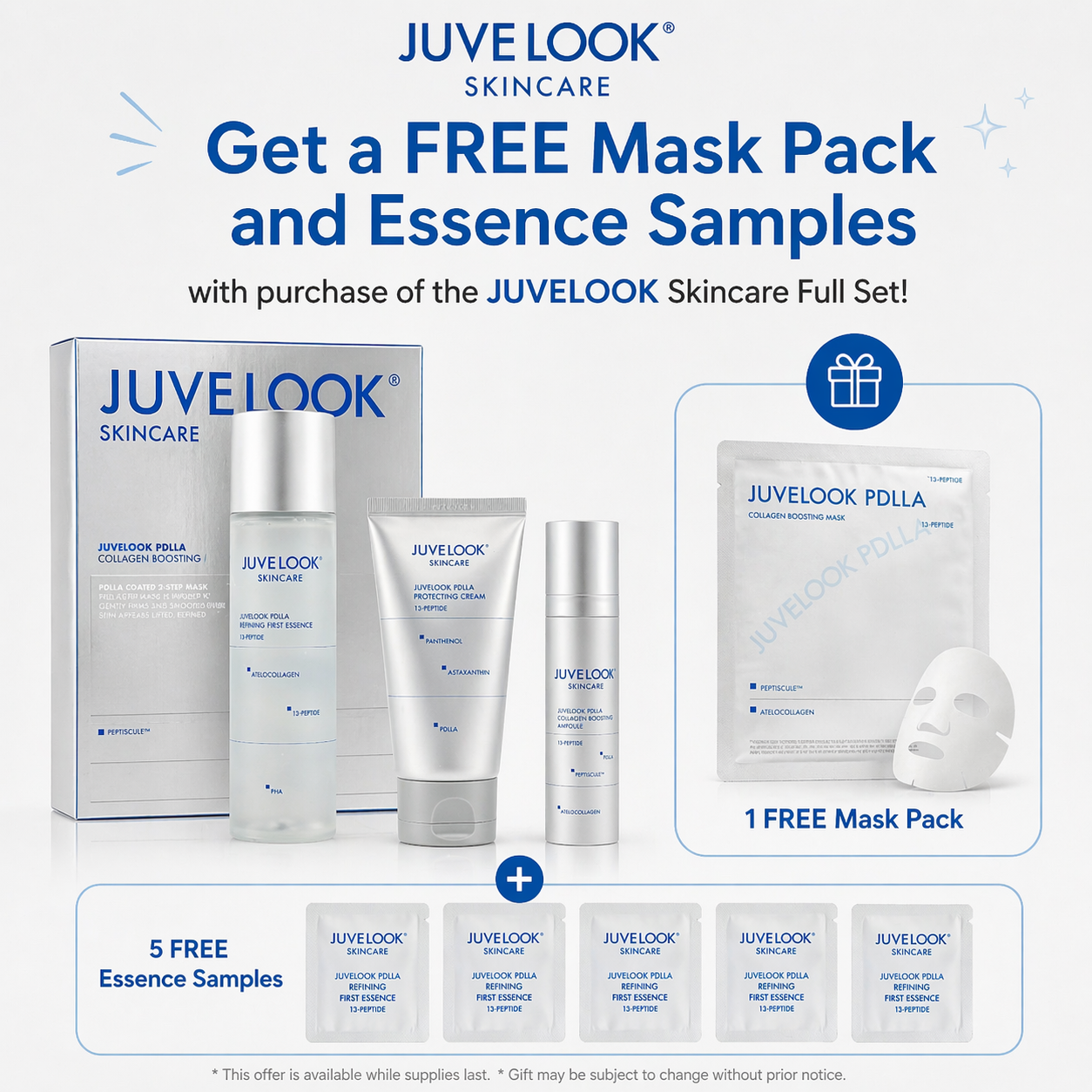 JUVELOOK PDLLA 4-Piece Skincare Set Collagen Boosting Essence Cream Ampoule Mask