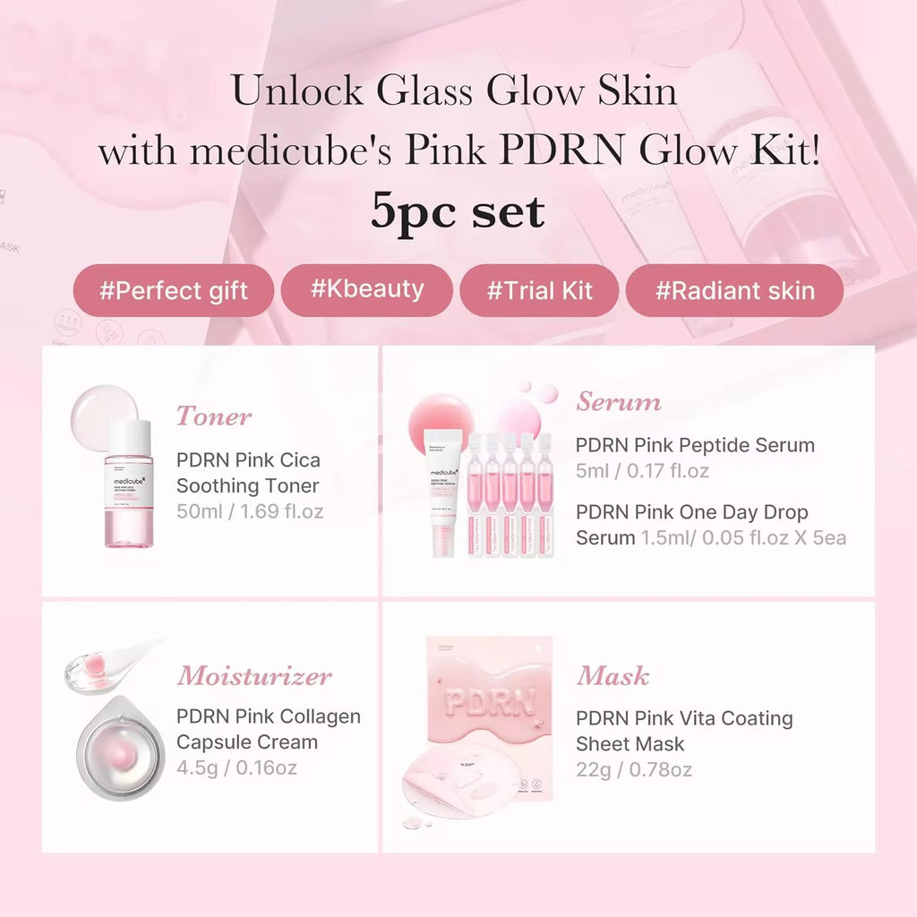 Medicube PDRN Pink Glow Kit 5pc Set | Collagen Skincare Set | Toner Serum Cream Mask | K-Beauty Glass Skin