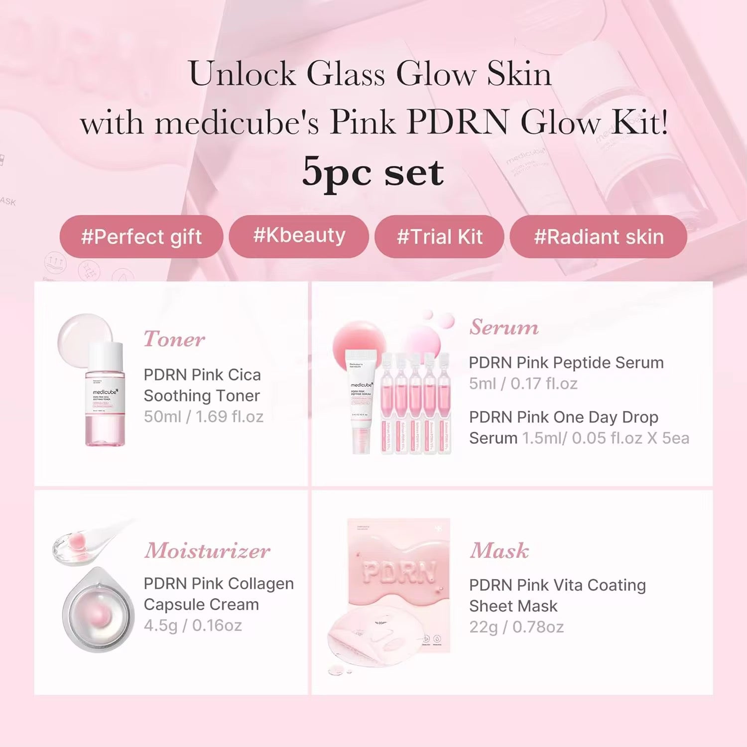 Medicube PDRN Pink Glow Kit 5pc Set | Collagen Skincare Set | Toner Serum Cream Mask | K-Beauty Glass Skin