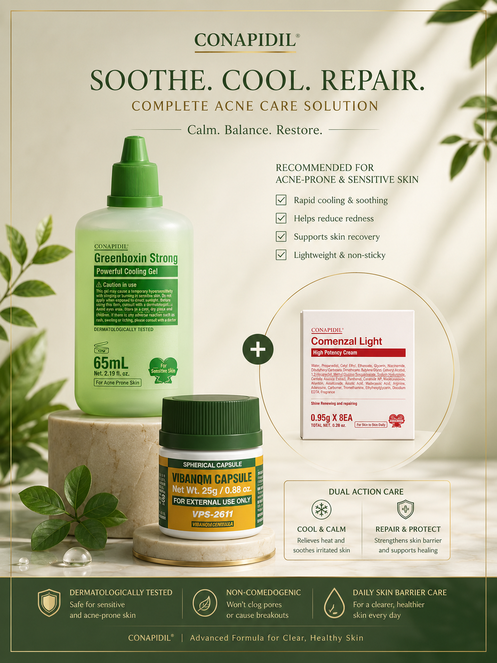 CONAPIDIL Vibanom Capsule 25g + Greenboxin Strong 65ml + FREE Cemenzal Light 8EA