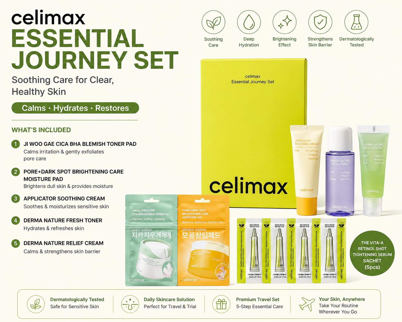 Celimax Travel Skincare Set (6 Items) | Cica Pads + Brightening Care + Retinol Serum Kit