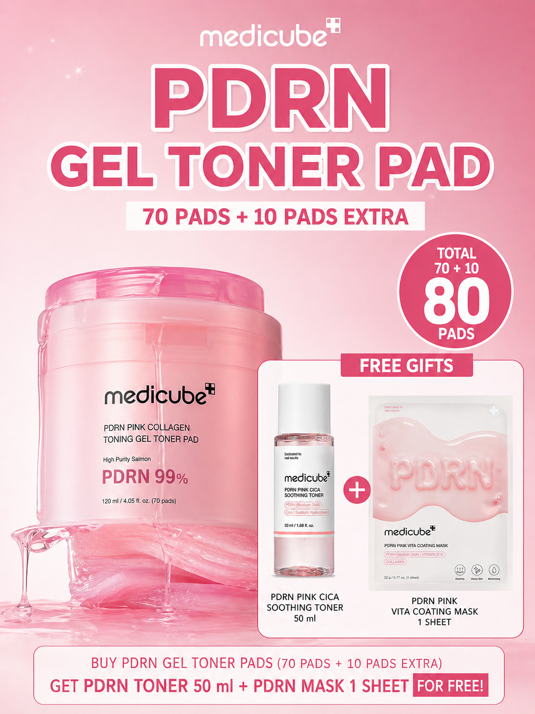 Medicube PDRN Toner Pads 70+10 (80 Pads) + Free Toner & Mask | Salmon DNA Glow Care
