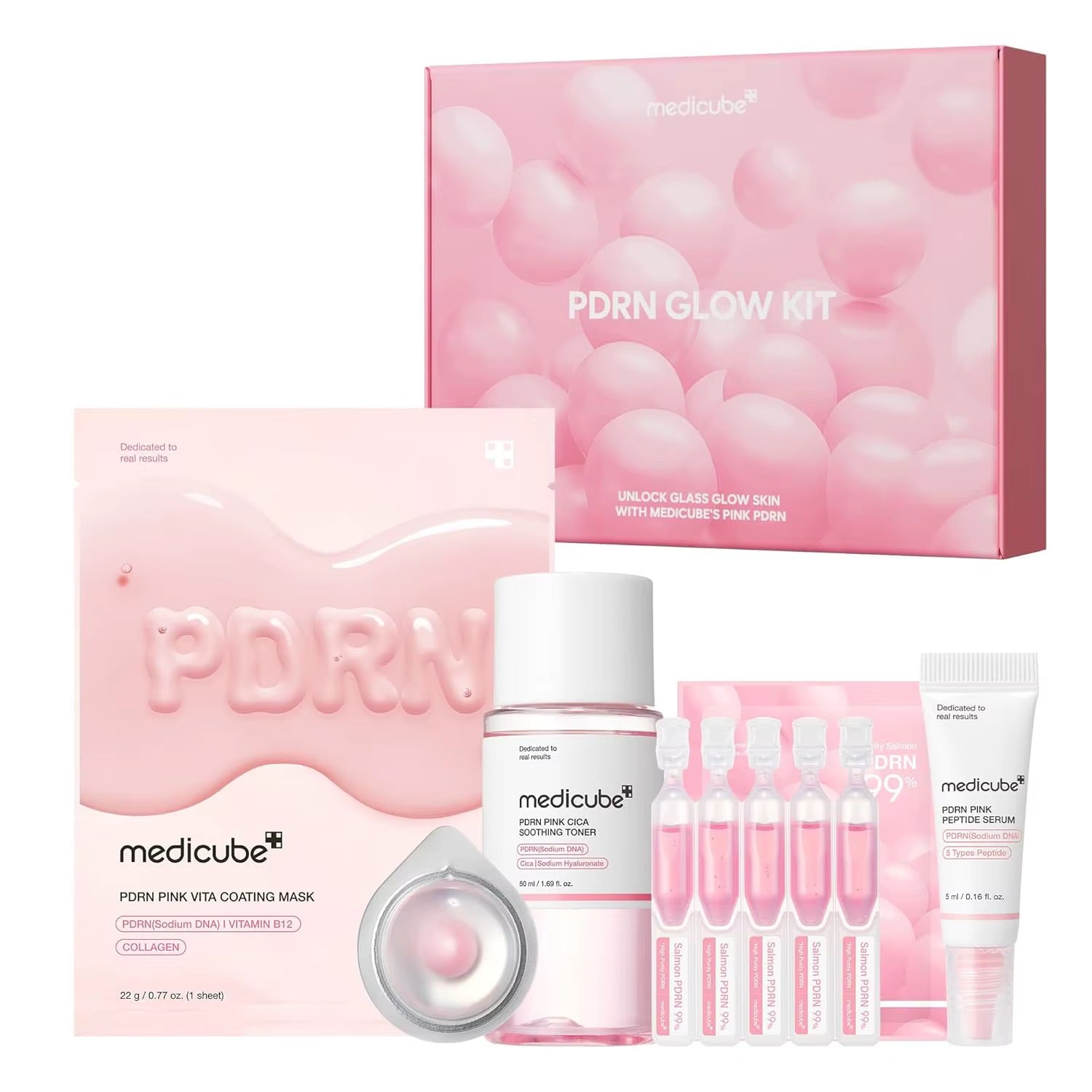 Medicube PDRN Pink Glow Kit 5pc Set | Collagen Skincare Set | Toner Serum Cream Mask | K-Beauty Glass Skin