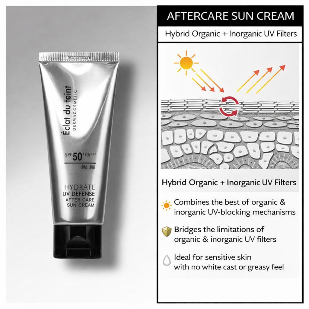 Éclat du teint Hydrate UV Defense After Care Sun Cream 50ml SPF50+ PA+++ | Hybrid Sunscreen for Sensitive Skin | No White Cast