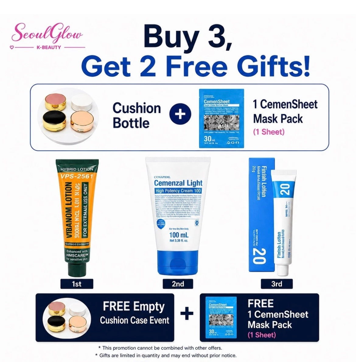 Cemenzal Skincare Set – VIBANQM Lotion + Cemenzal Light Cream + Finish Lotion
FREE Cushion Case + Cemen Sheet Mask Included